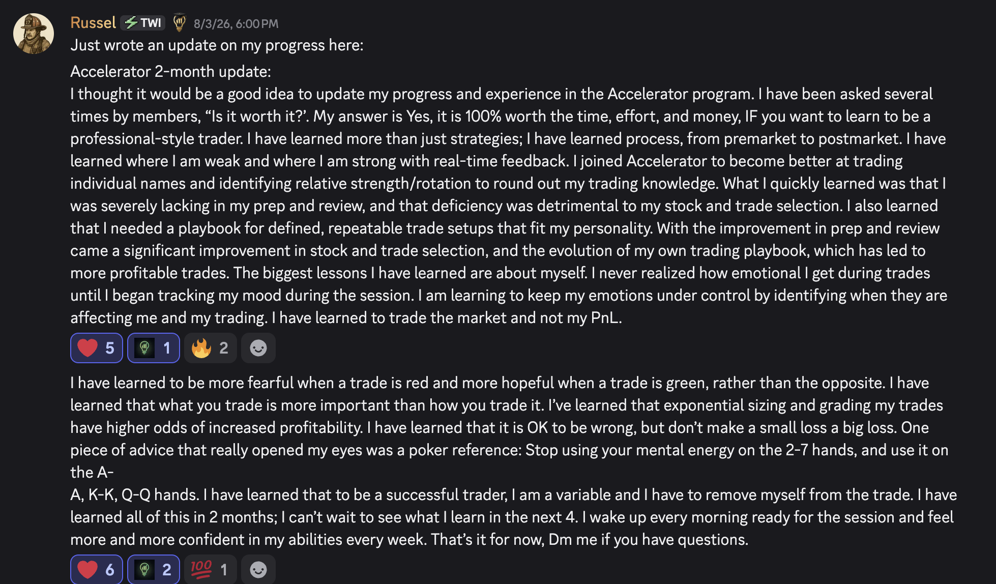 Russel's two-month Accelerator progress update shared in the TWI Discord community